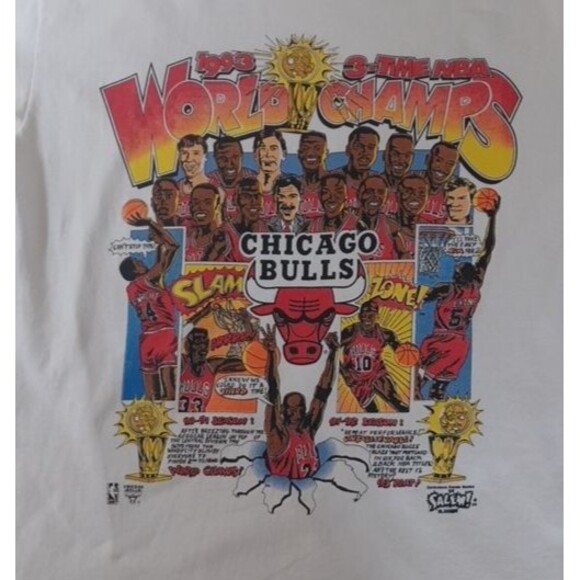 VINTAGE 1993 CHICAGO BULLS SALEM 3-PEAT NBA WORK CHAMPS CARICATURE T-SHIRT LARGE - Picture 9 of 14